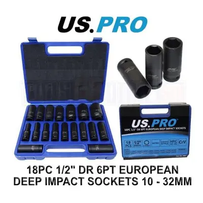 US PRO Tools 18PC 1/2" DR 6PT European Deep Impact Sockets - 32mm