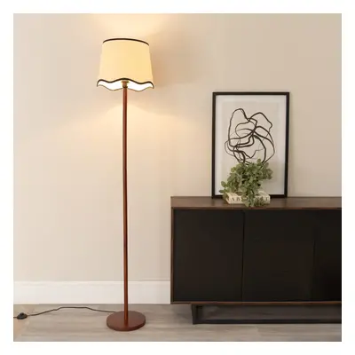 ValueLights Heather Dark Wood Scallop Black Trim Lamp Floor Lamp & Bulb