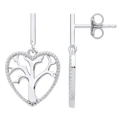 Jewelco London Ladies Sterling Silver Cubic Zirconia Love Heart Tree of Life Stud Drop Earrings 