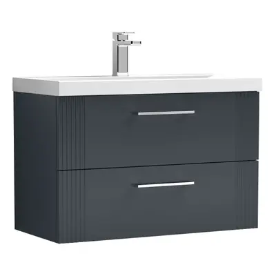 Retro Drawer Wall Hung Vanity Unit with Thin-Edge Tap Hole Ceramic Basin - 800mm - Satin Soft Bl