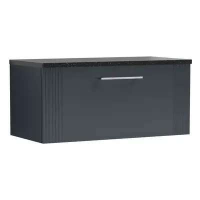 Retro Drawer Wall Hung Vanity Unit with Sparkling Black Laminate Worktop - 800mm - Satin Soft Bl