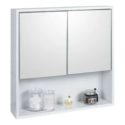 (2 Half Doors) White Wooden Wall Mounted Mirror Bathroom Cabinet