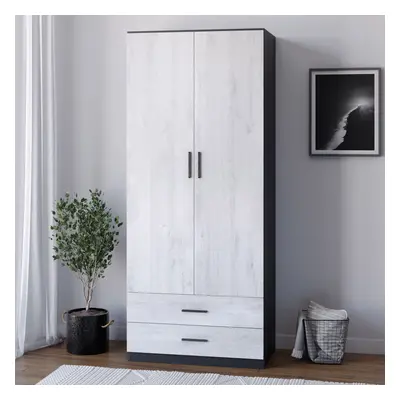 (Black Carcass + Ash Grey Drawers) Tall Door Wardrobe With Drawers Metal Runners