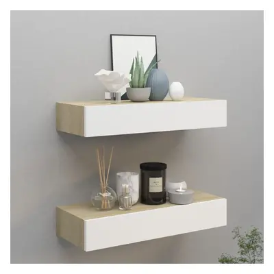 vidaXL 2x Wall Drawer Shelves Oak and White MDF Floating Cabinet Wall Shelf