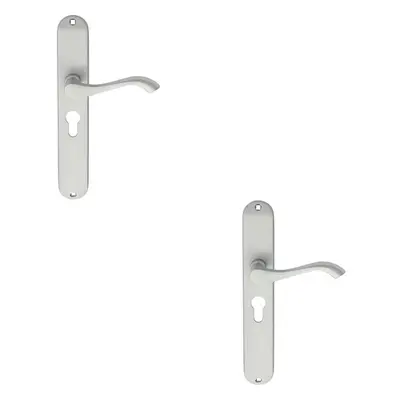 2x PAIR Curved Handle on Long Slim Euro Lock Backplate x 40mm Satin Chrome