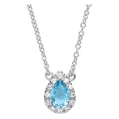 Jewelco London Ladies Sterling Silver Aqua Pear Cubic zirconia Teardrop Halo Charm Necklace + in