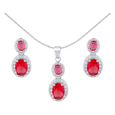 Jewelco London Rhodium Silver Red Oval CZ Royal Halo Cluster Earrings & Necklace Set - AEP001R