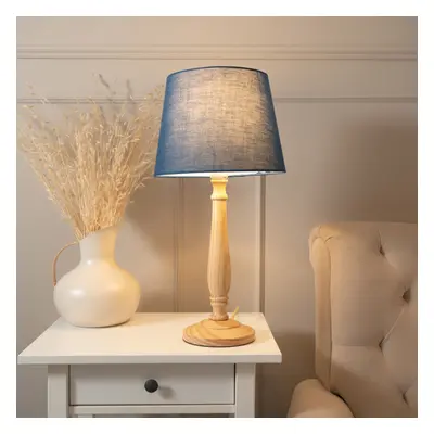 ValueLights Victoria Navy Tapered Shade with Light Wood Table Lamp