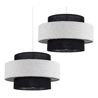 Pair of - Modern Cylinder Ceiling Pendant Light Shades in a Black & Grey Herringbone Finish - Co