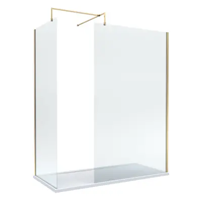 8mm Glass Walk In Wetroom Screens with Brushed Brass Profile and White Shower Tray - x 700mm