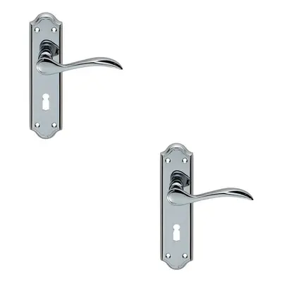 2x PAIR Curved Door Handle Lever on Lock Backplate x 45mm Polished Chrome