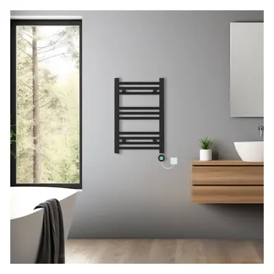 (Black, 600x400mm) Bathroom Prefilled Electric Heated Towel Rail Straight Radiator Thermo Smart 