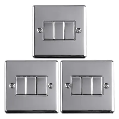 3 PACK Gang Triple Metal Light Switch POLISHED CHROME Way 10A GREY Trim