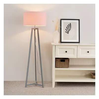 ValueLights Lottie Grey Wood Tripod Floor Lamp with Blush Drum Shade