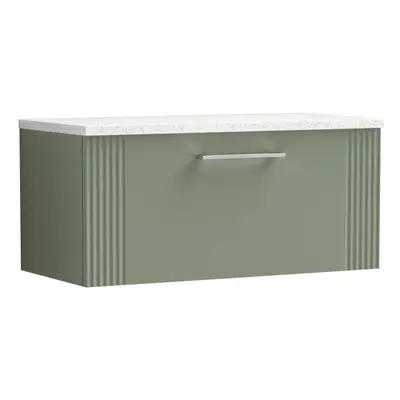 Retro Drawer Wall Hung Vanity Unit with Sparkling White Laminate Worktop - 800mm - Satin Green -