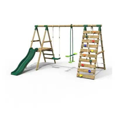 (Obsidian, Green) Rebo Wooden Swing Set with Deck and Slide plus Up and Over Climbing Wall