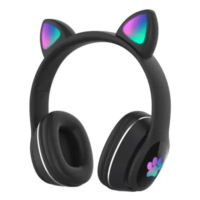 (Black) Over Ear Music Wireless Headset Glowing Cat Headphones Color Breathing Lights