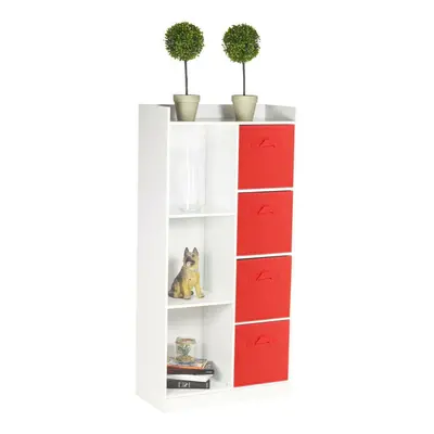 (White, Red) Bookcase with Fabric Drawers | Cube Wooden Unit