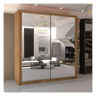 (Walnut, 90cm) MN FURNITURE Double Mirror Sliding Door Wardrobe