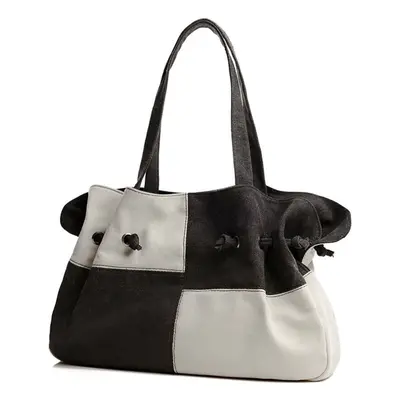 (Black) Women Canvas Handbag Contrast Color Casual Messenger Shoulder Bag Tote Black/Blue/Grey/R