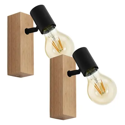 2 PACK Wall Light Colour Brown Wood Back Plate Black Bulb Holder Bulb E27 10W