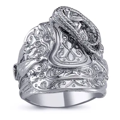 (X) Jewelco London Mens Rhodium Plated Sterling Silver Horse Rope Saddle Ring 22mm