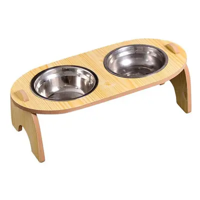 (2) Stainless Steel Pet Bowl with High Quality Wood Mat Feeder Single/Double Bowls Set for Dogs 