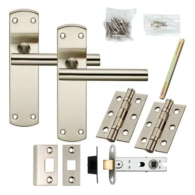 Door Handle & Latch Pack Satin Nickel Modern Mitred T Bar on Round Backplate