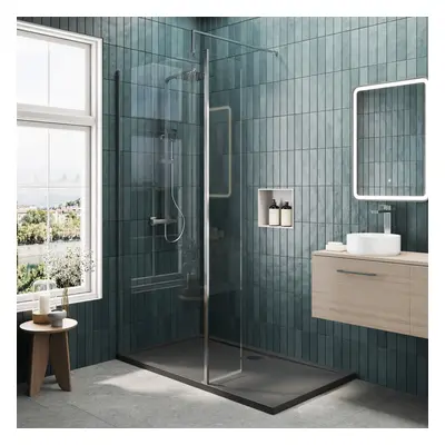 8mm Glass Walk In Wetroom Screen and Hinged Return Screen with Chrome Profile and Grey Shower Tr