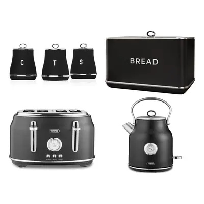 Tower Renaissance Black Kettle Toaster Bread Bin & Canisters Set