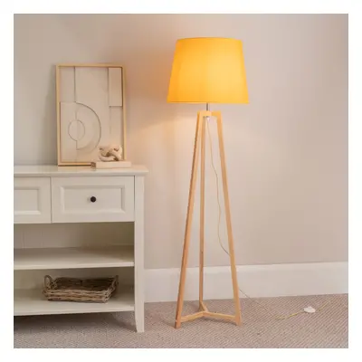 ValueLight Lottie Mustard Taper Shade Natural Wood Tripod Floor Lamp