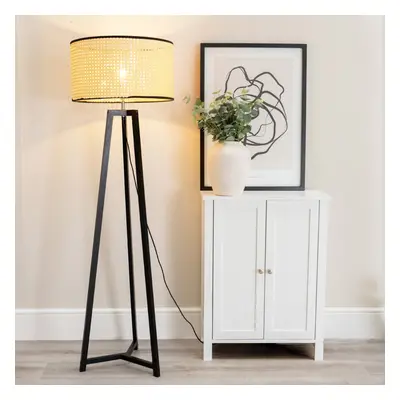 ValueLights Lottie Cane Drum Shade Black Wood Tripod Floor Lamp & Bulb