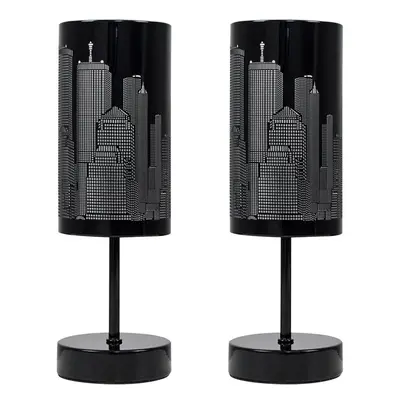 Pair of - Modern Gloss Black Touch Table Lamps with New York Skyline Shades - Complete with 5w L