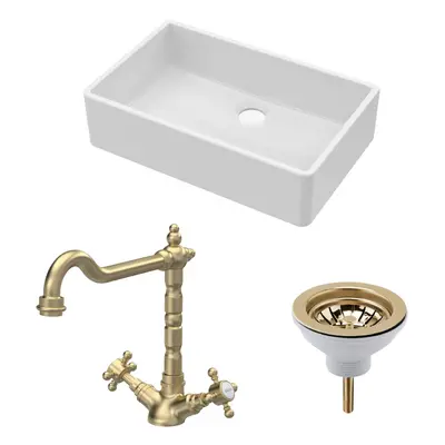 Fireclay Kitchen Bundle - Single Bowl Butler Sink, Waste & Classic Mono Tap, 795mm - Brushed Bra