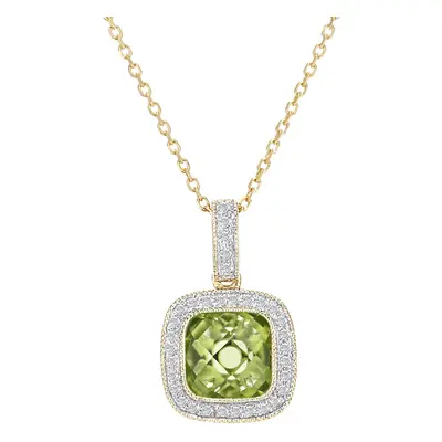 Jewelco London 9ct White Gold Round 10pts Diamond Cushion 1.4ct Peridot Cocktail Pendant Necklac