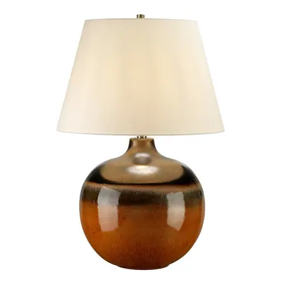 Table Lamp Orange & Brown Glaze. Cream Faux Silk Shade LED E27 60W