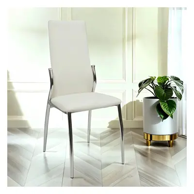 2x Nova Faux Leather Dining Chairs In White With Chrome Legs And Sides