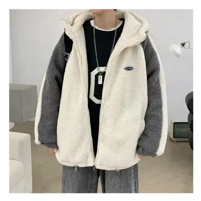 Wide Polar Fleece Coats for Men Autumn Winter Warm Lamb Wool Hooded Coat Patchwork Loose Wide Ou