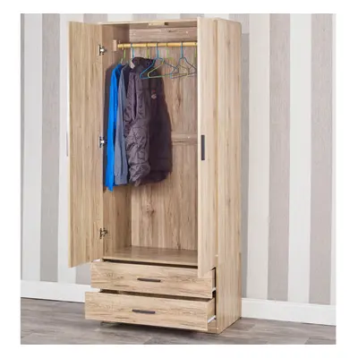 (Oak Carcass & Oak Drawers) Tall Wooden Door Wardrobe +2 Drawers Hanging Bar