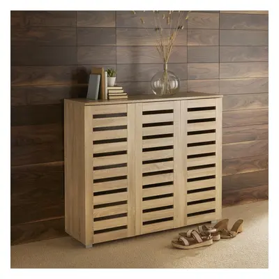 (Oak) Home Source Oslo Door Slatted Shoe Cabinet Storage Unit