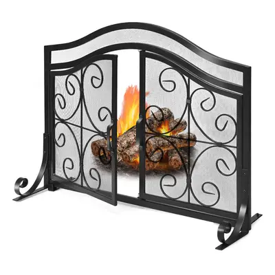 Fireplace Screen Hinged w/Two-doors Large Flat Guard Iron Mesh