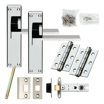 Door Handle & Latch Pack Chrome Slim Flat Lever Backplate Full Set x 40mm