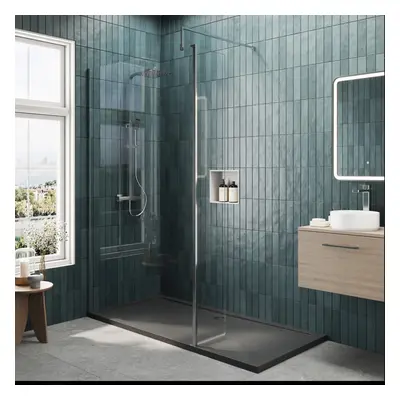 8mm Glass Walk In Wetroom Screen and Hinged Return Screen with Chrome Profile and Grey Shower Tr