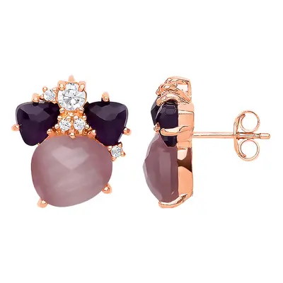 Jewelco London Ladies Rose Gold-Plated Sterling Silver pink Oval Quartz Pebble Stud Earrings - G