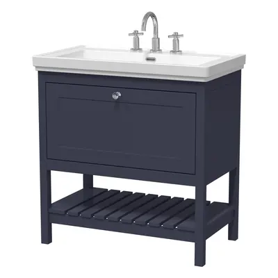 Traditional Furniture Floor Standing Drawer Vanity & Tap Hole Fireclay Basin, 800mm, Indigo Blue