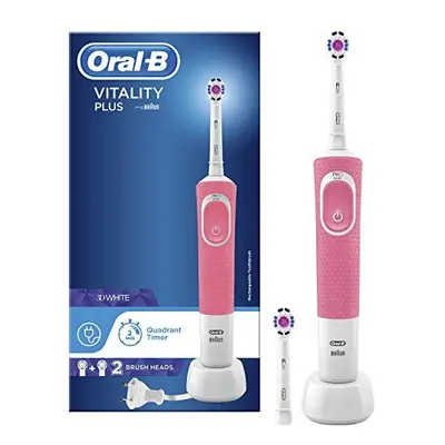 Oral-B Vitality Plus 3D White Electric Rechargeable Toothbrush, Pink Handle, Brush Heads, UK Pin