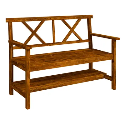 Outsunny 2-Seater Garden Bench Wooden Outdoor Bench w/ Storage Shelf Carbonized