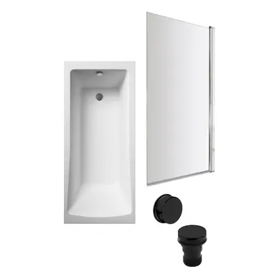 Square Single Ended Bath, Square Screen and Black Waste - x 700mm