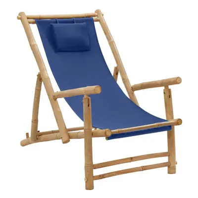 (navy blue) vidaXL Deck Chair Bamboo and Canvas Patio Seat Outdoor Seating Garden Chair