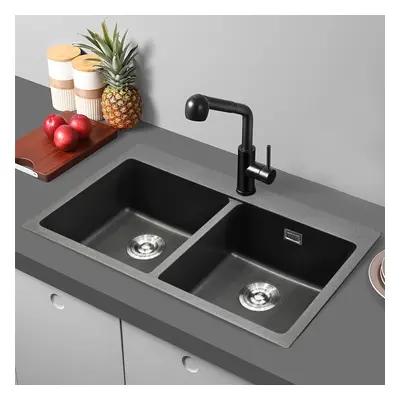 (Grey) Quartz Undermount Kitchen Sink Double Bowl Basin